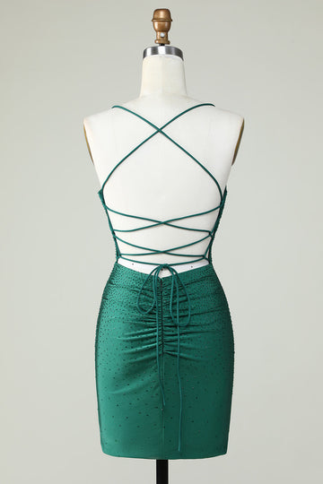 Vaina Spaghetti Straps Verde oscuro Vestido corto de bienvenida con abalorios